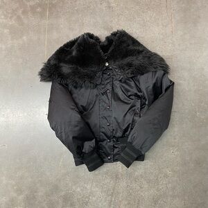 Bebe Sport Puffer Jacket Black Faux Fur Collar Y2K Womens Size M